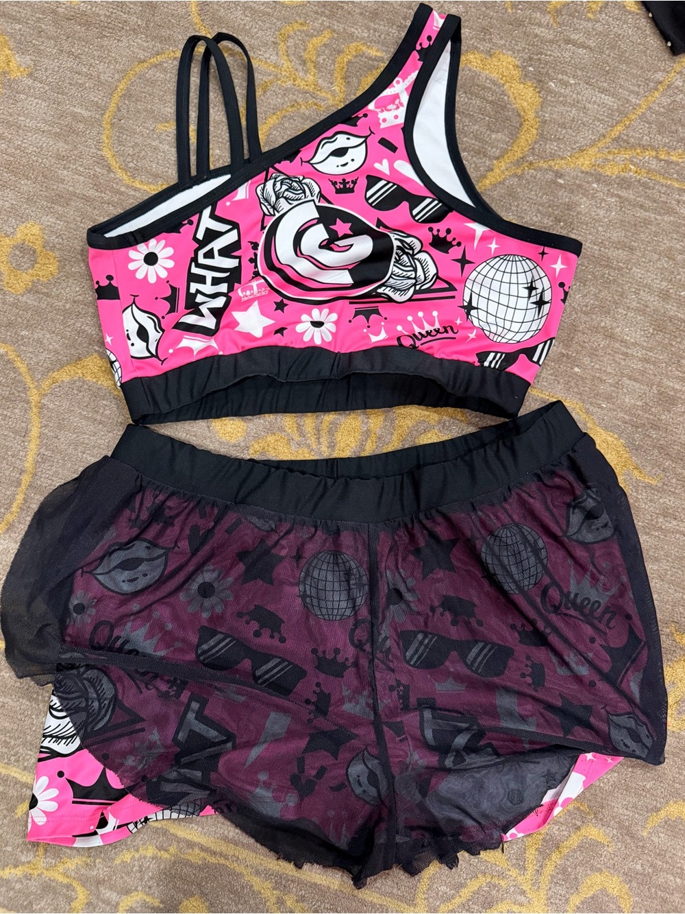 Pink Graphic One-Shoulder Crop Top & Sheer Shorts Set